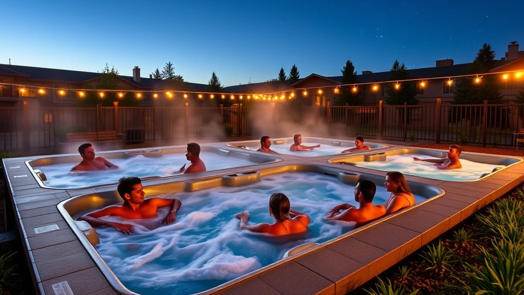 Outdoor communal hot tub facility at resort with multiple guests relaxing in evening light, surrounding landscape with plants, jets creating bubbles, stars visible in sky, peaceful resort ambiance
