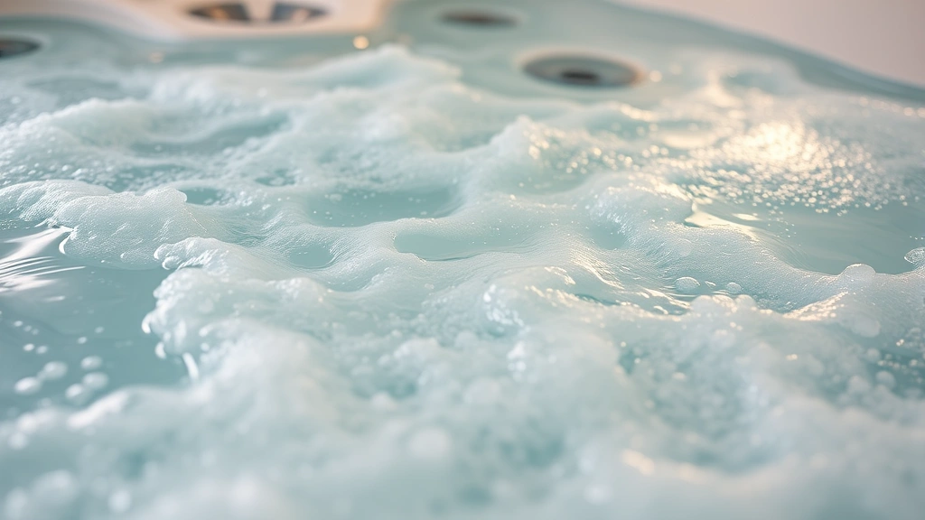 Close-up of pristine hot tub water with jets activated, clear water, natural steam, spa-like setting with soft lighting, therapeutic bubbles, inviting and clean appearance, wellness atmosphere