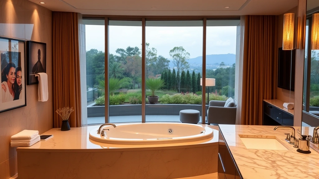 Modern luxury hotel suite bathroom with spacious in-room Jacuzzi tub, warm lighting, fluffy towels, and marble countertops overlooking a scenic garden view