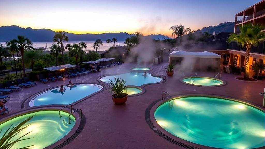 Resort pool deck with multiple illuminated hot tubs at dusk, lounge chairs, tropical plants, guests relaxing, steam rising from water, mountains in background