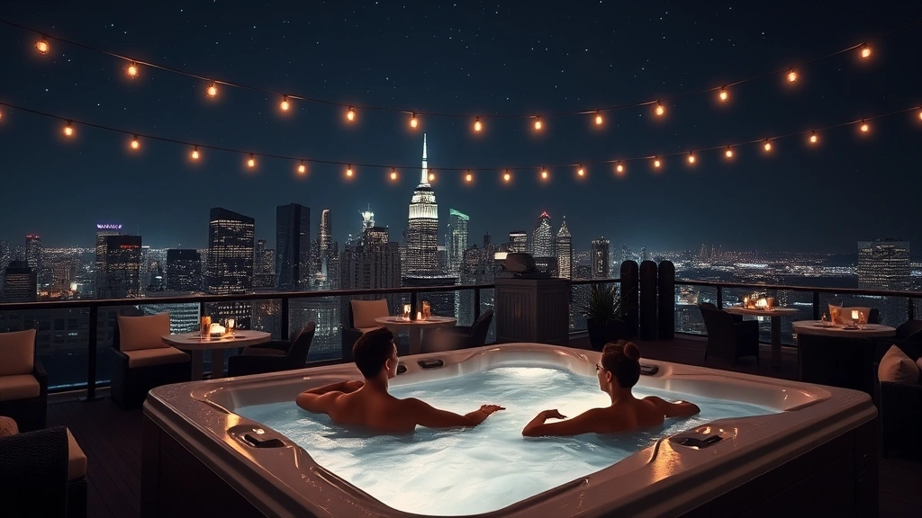 Rooftop hot tub at night with city skyline backdrop, string lights overhead, comfortable seating areas, guest silhouettes soaking in warm water under stars
