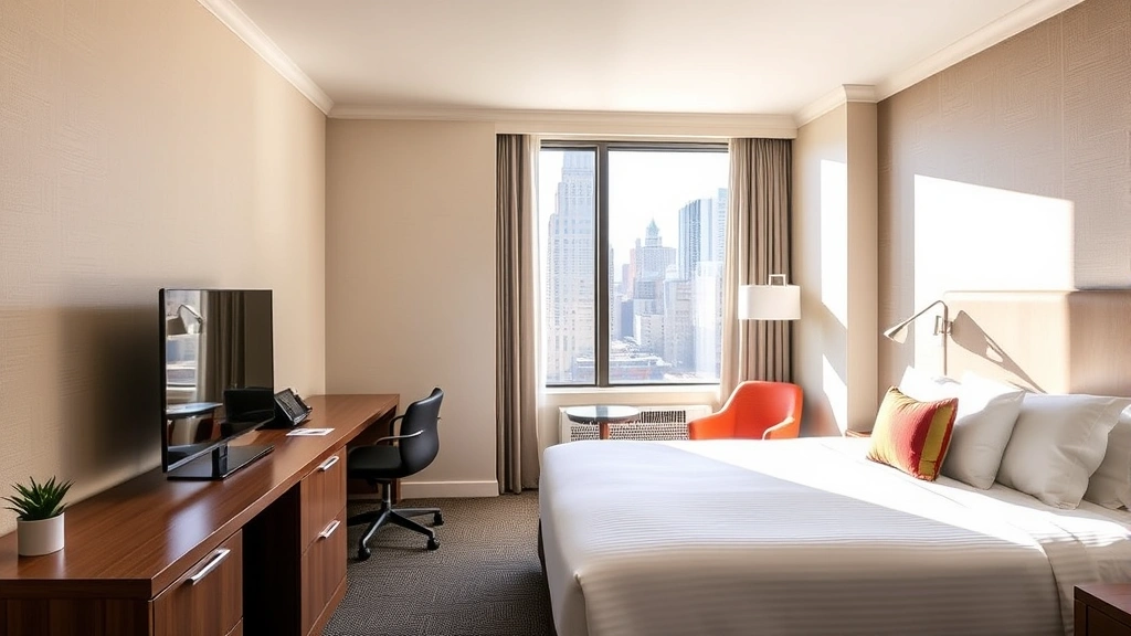 Modern mid-range hotel room with queen bed, work desk, flat-screen TV, and contemporary neutral décor, sunlit by window showing Manhattan urban view