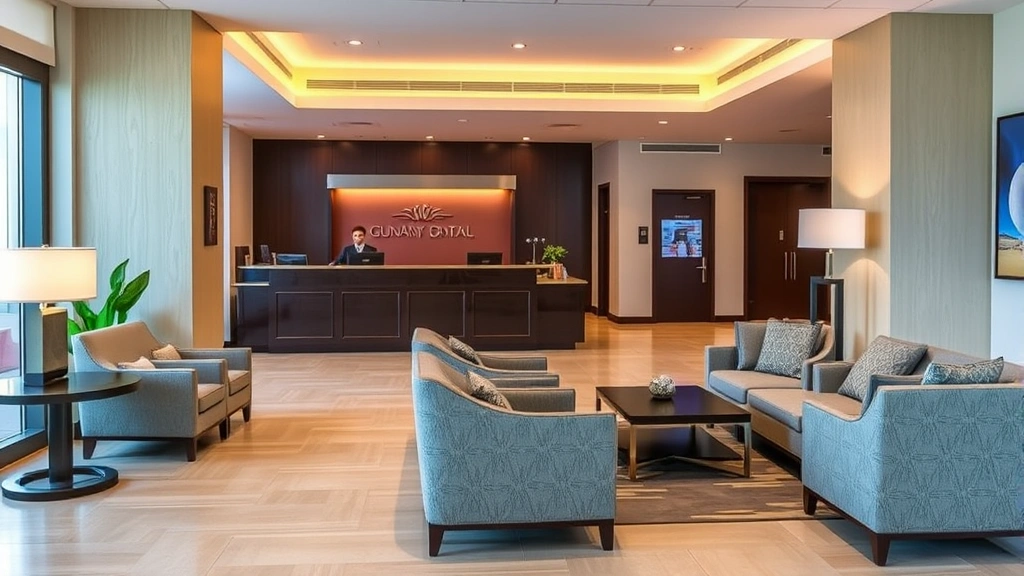 Hotel lobby with front desk area, contemporary furniture, warm lighting, professional staff assistance, and business center visible in background