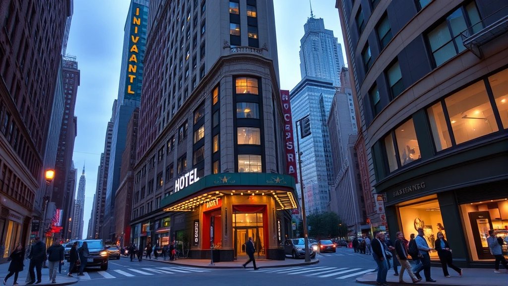 Midtown Manhattan street view at dusk showing hotel entrance, surrounding commercial buildings, street-level pedestrian activity, and illuminated storefronts