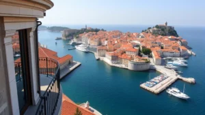 Panoramic view of Dubrovnik Old Town coastal waterfront with terracotta rooftops meeting crystal-clear Adriatic Sea, luxury hotel balcony in foreground overlooking medieval walls and harbor