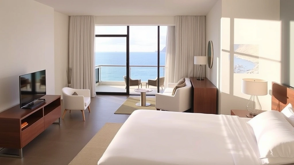 Modern hotel room interior with contemporary furnishings, balcony overlooking Mediterranean Sea, white bedding, minimalist decor, natural light streaming through large windows