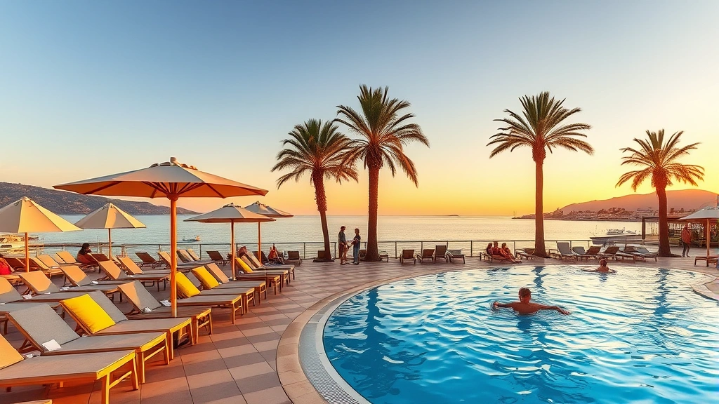 Beachfront hotel pool terrace with lounging chairs, umbrella shades, guests swimming, palm trees, and Dalmatian coastline visible in background during golden hour sunset