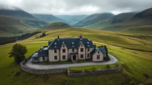 Aerial view of traditional Scottish stone hotel building surrounded by rolling green hills and mountains, dramatic Highland landscape in background, misty weather, no visible signage or text