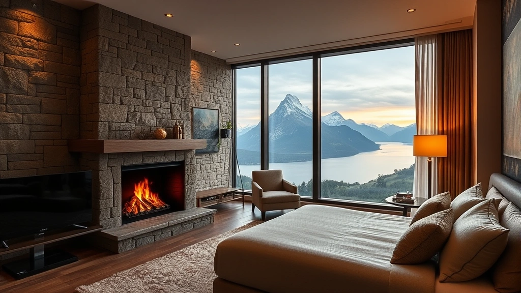 Luxury hotel bedroom interior with stone walls, cozy fireplace, modern furnishings, large window overlooking dramatic mountain vista and water, warm ambient lighting, no text visible