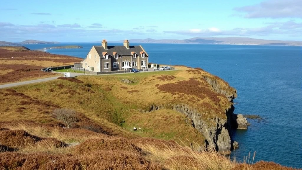 Coastal Scottish hotel property situated on cliff overlooking sea loch, wild moorland landscape, traditional architecture, natural daylight, scenic viewpoint perspective, no identifying markers