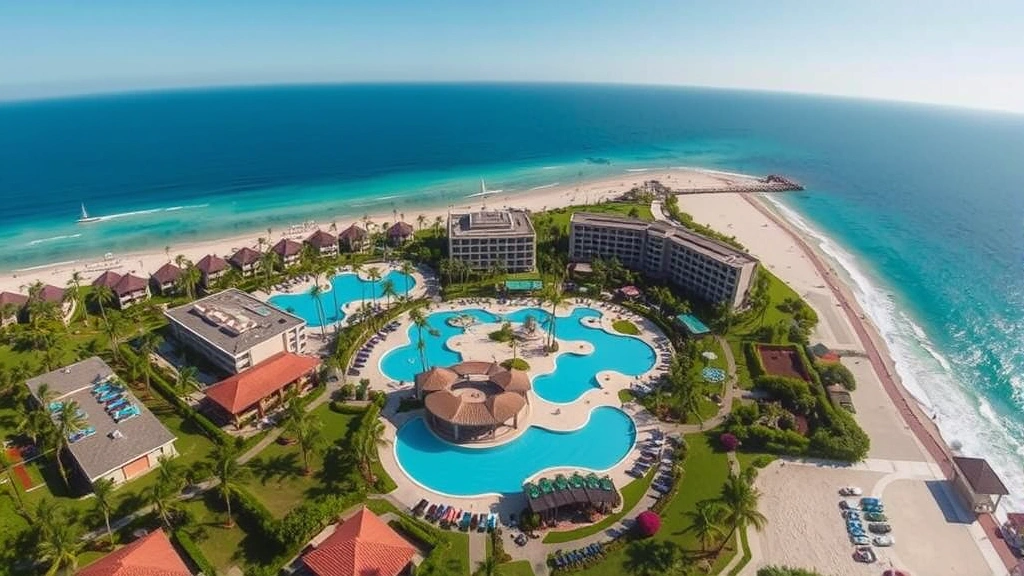 Aerial view of a tropical all-inclusive resort with multiple pools, beachfront access, and manicured gardens. Daytime with clear sky. Photorealistic, showing the full scope of amenities and facilities from above.