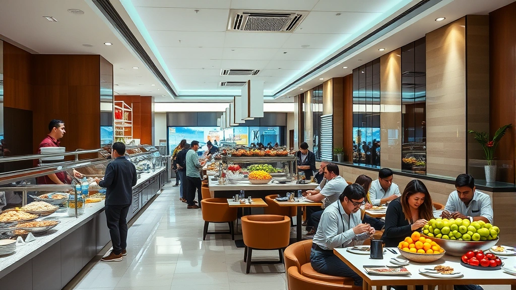 Modern hotel buffet restaurant interior with various food stations, fruit displays, and dining tables. Guests eating and enjoying meals. Bright, clean, professional kitchen setting. Photorealistic photography.