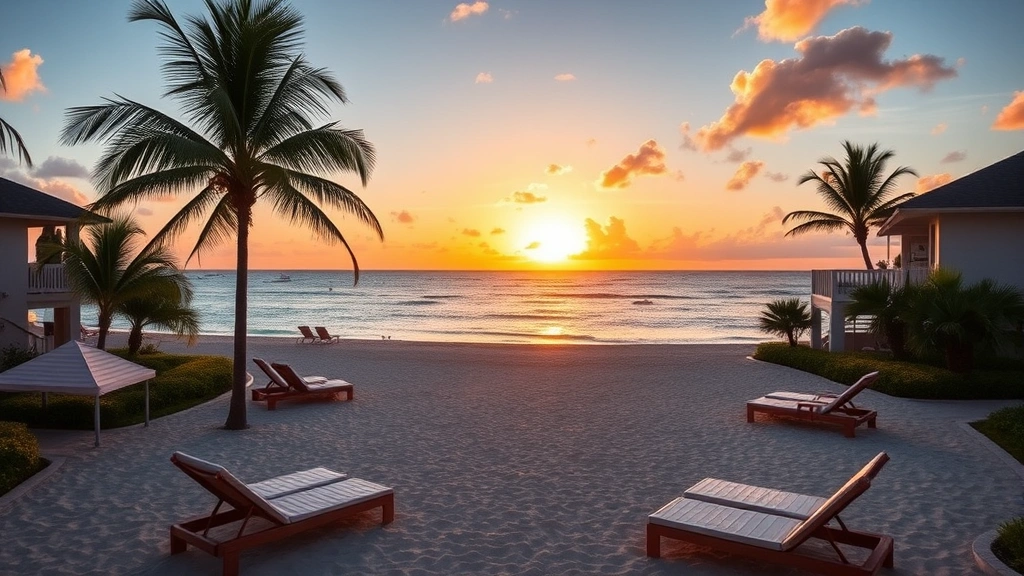 Beachfront Caribbean resort scene at sunset with lounge chairs, palm trees, and ocean view. No people visible. Calm waters, golden hour lighting. Residential-style vacation setting showing outdoor amenities and natural beauty.