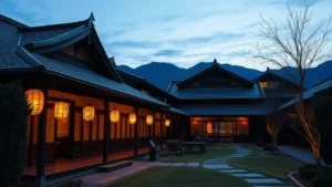 Serene Japanese ryokan exterior with traditional wooden architecture, paper lanterns, and manicured garden with stone pathways at dusk, mountains visible in background
