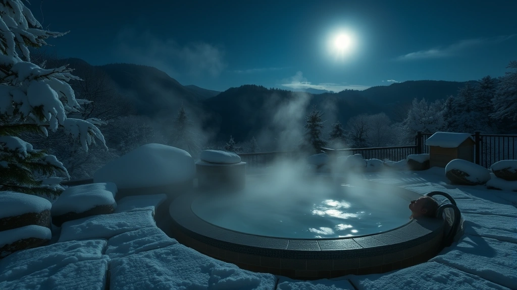 Steaming outdoor onsen bath surrounded by snow-covered trees and rocks, moonlit night sky, steam rising from natural hot spring water, peaceful mountain setting