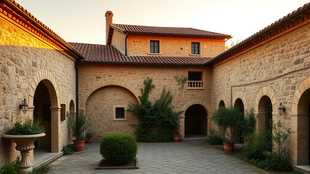 Rustic stone courtyard of an 18th-century Sicilian farm estate at golden hour, with terra-cotta roofing, weathered arches, and Mediterranean vegetation creating authentic agricultural heritage atmosphere without any text or signage