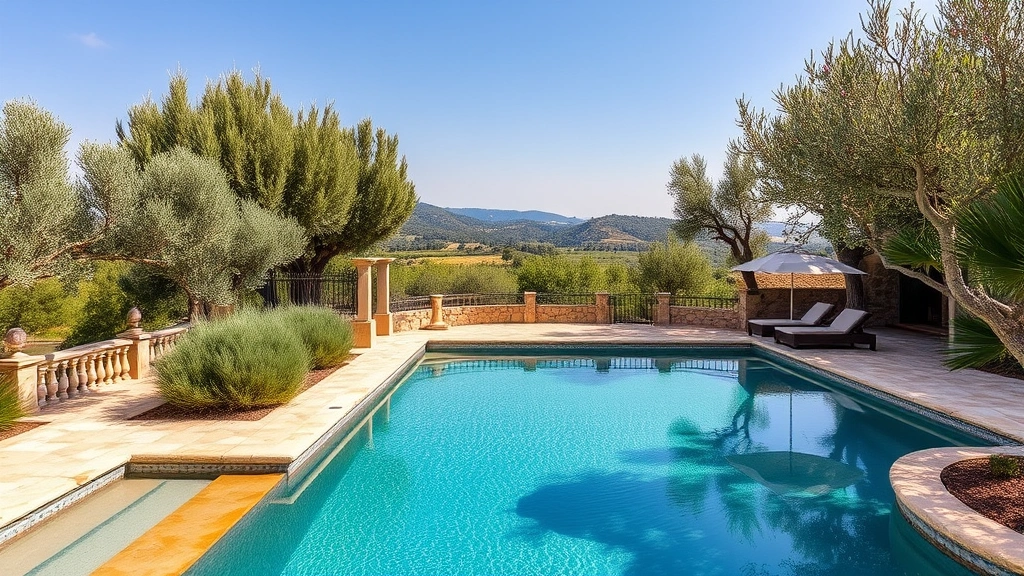 Mediterranean swimming pool integrated into natural stone architecture, surrounded by olive trees and regional vegetation, comfortable lounging areas with umbrellas, countryside landscape visible in background, peaceful relaxation setting