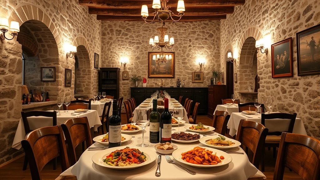 Traditional Sicilian dining room with exposed stone walls, warm lighting from vintage fixtures, elegantly plated regional cuisine on table, local wine bottles, authentic rustic-yet-refined hospitality atmosphere