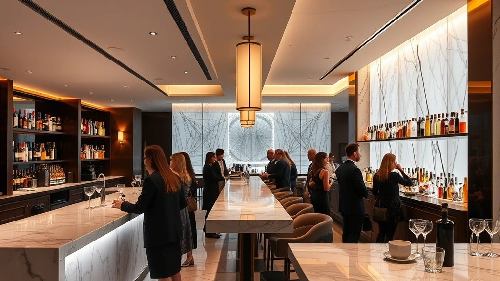 Modern luxury hotel bar interior with elegant marble counter, ambient lighting, rows of premium spirits, and sophisticated clientele enjoying cocktails in contemporary minimalist setting