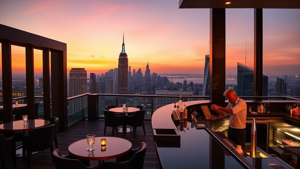 Rooftop hotel bar at sunset with floor-to-ceiling windows overlooking illuminated city skyline, upscale seating areas, and bartender crafting cocktails with professional technique