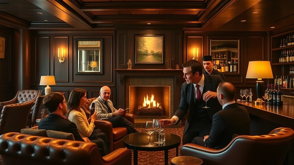 Intimate hotel bar lounge featuring leather seating, warm accent lighting, fireplace, vintage design elements, and sommelier in professional attire discussing wine selections with guests