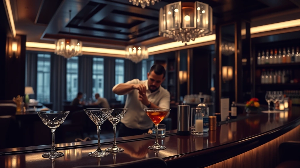 Elegant hotel bar interior with Art Deco design, moody lighting, crystal glassware on dark wood counter, professional bartender in white shirt mixing cocktail, no visible text or signage