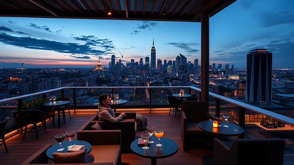 Modern rooftop bar at dusk with city skyline in background, sophisticated lounge seating, ambient lighting, cocktails on tables, urban landscape visible, photorealistic residential buildings and lights