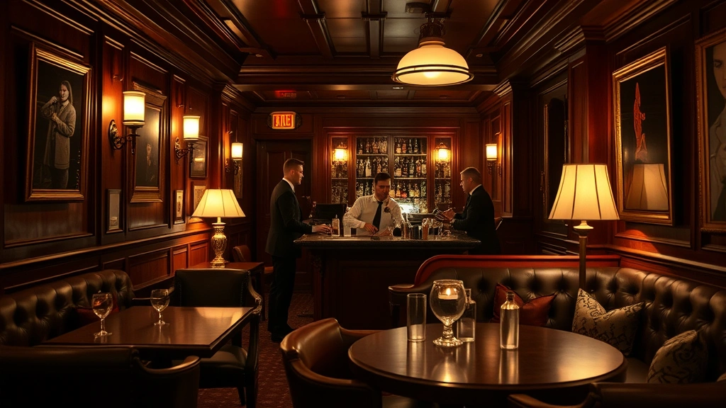Intimate speakeasy-style hotel bar with vintage furnishings, leather booth seating, warm lamplight, bartender preparing drinks behind counter, sophisticated patrons in background, no identifying markers or addresses