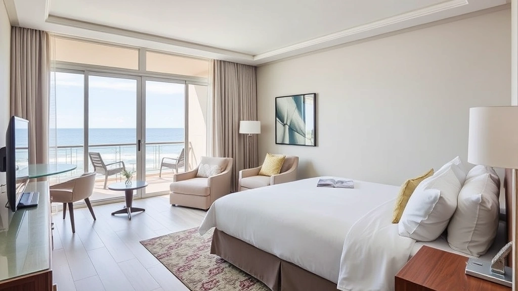 Modern hotel room with contemporary furnishings, large window overlooking sea view, comfortable bed with white linens, balcony with partial ocean vista, neutral color palette with coastal-inspired decor elements
