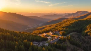 Aerial view of mountain valley with scattered residential buildings and hotel structures nestled among evergreen forests and rolling terrain in the Blue Ridge Mountains during golden hour sunset
