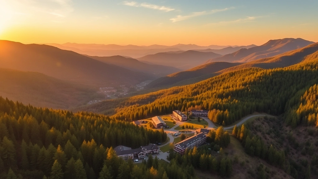 Aerial view of mountain valley with scattered residential buildings and hotel structures nestled among evergreen forests and rolling terrain in the Blue Ridge Mountains during golden hour sunset
