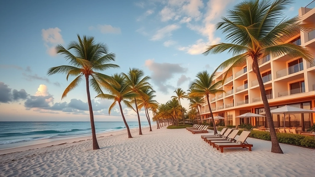 Modern beachfront hotel with ocean view, palm trees, white sandy beach, lounge chairs, clear blue water, sunset lighting, tropical paradise setting