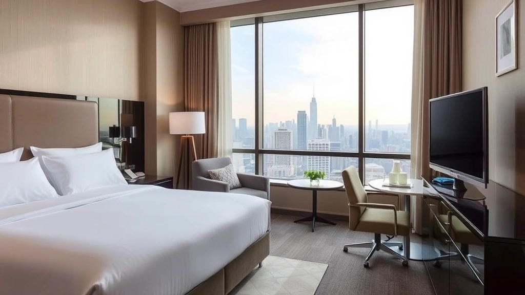 Luxury hotel suite interior with contemporary furnishings, comfortable bed with quality linens, floor-to-ceiling window overlooking city skyline or nature