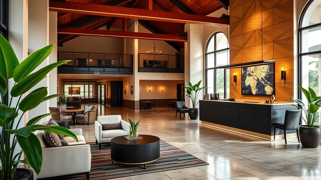 Welcoming hotel lobby with Brazilian design elements, comfortable seating areas, natural light, tropical plants, professional concierge desk, warm ambiance