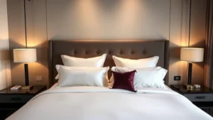 Luxury hotel bedroom with king-size bed featuring premium white linens, multiple decorative pillows, and soft warm lighting from bedside lamps, modern minimalist design with dark headboard