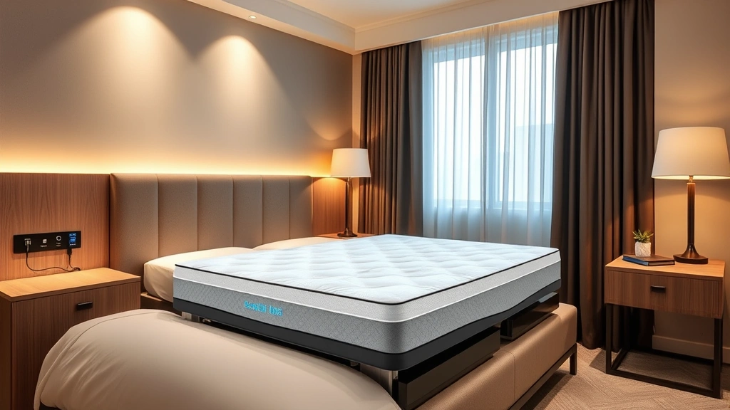 Modern hotel room corner showing complete sleep setup with adjustable bed frame, cooling gel-infused mattress visible in cross-section, nightstands with charging ports, blackout curtains, and ambient lighting