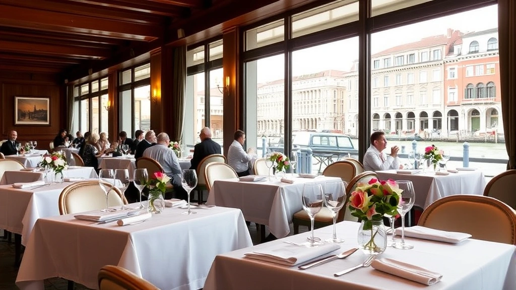 Hotel restaurant dining area with white tablecloths, elegant place settings, large windows framing Venice canal views and historic buildings, warm ambient lighting, wooden beamed ceiling, fresh flowers on tables, guests dining in background, no visible menus or text