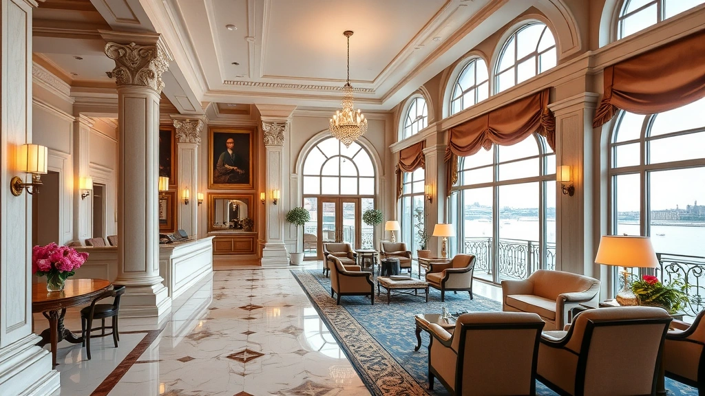 Hotel lobby or common area with Venetian architectural elements, marble flooring, classical columns, comfortable seating areas with plush furnishings, warm lighting fixtures, water-view windows, professional front desk area, welcoming atmosphere, no visible signage or text