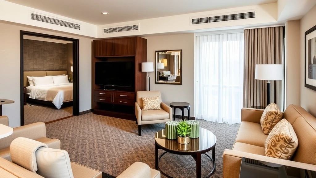 Upscale hotel suite with separate living area, premium furniture, elegant decor, and spacious bathroom visible in background