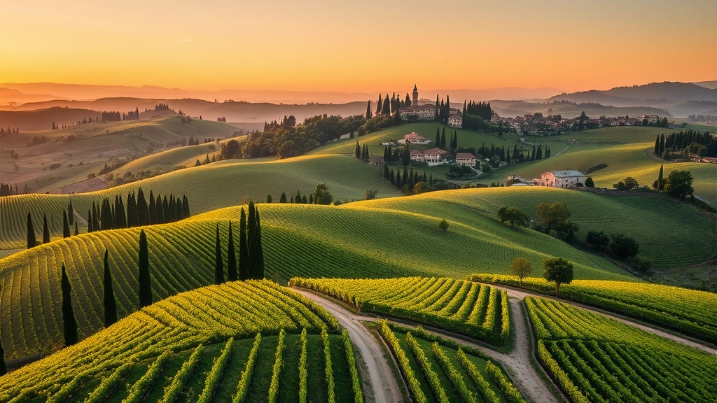 Aerial view of Tuscan countryside with rolling hills covered in vineyards, cypress trees, and medieval stone villages scattered across the landscape during golden hour sunset
