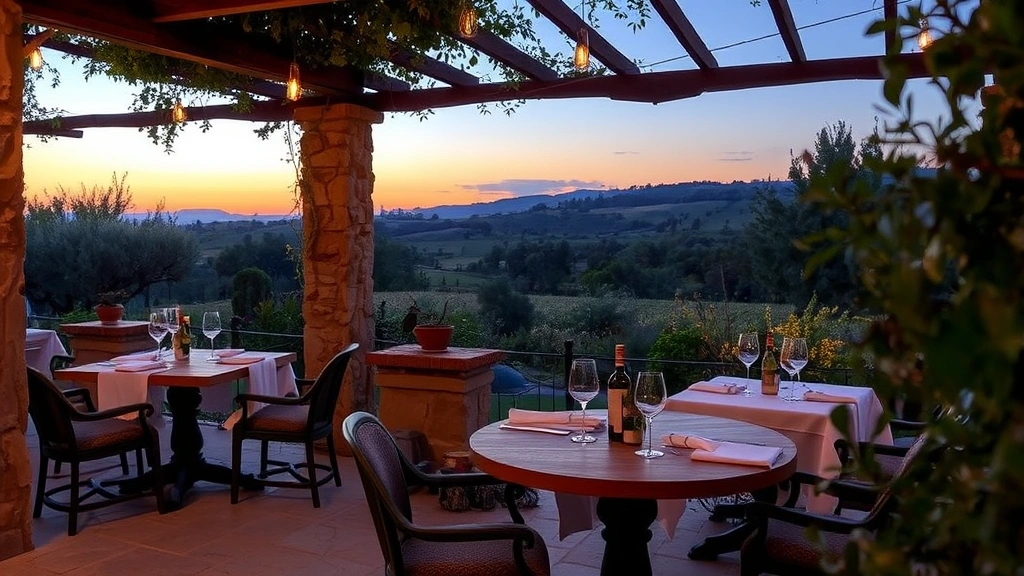 Rustic outdoor dining area with stone tables, white linens, wine glasses, overlooking Tuscan landscape at dusk, soft garden lighting, Mediterranean vegetation framing the scene