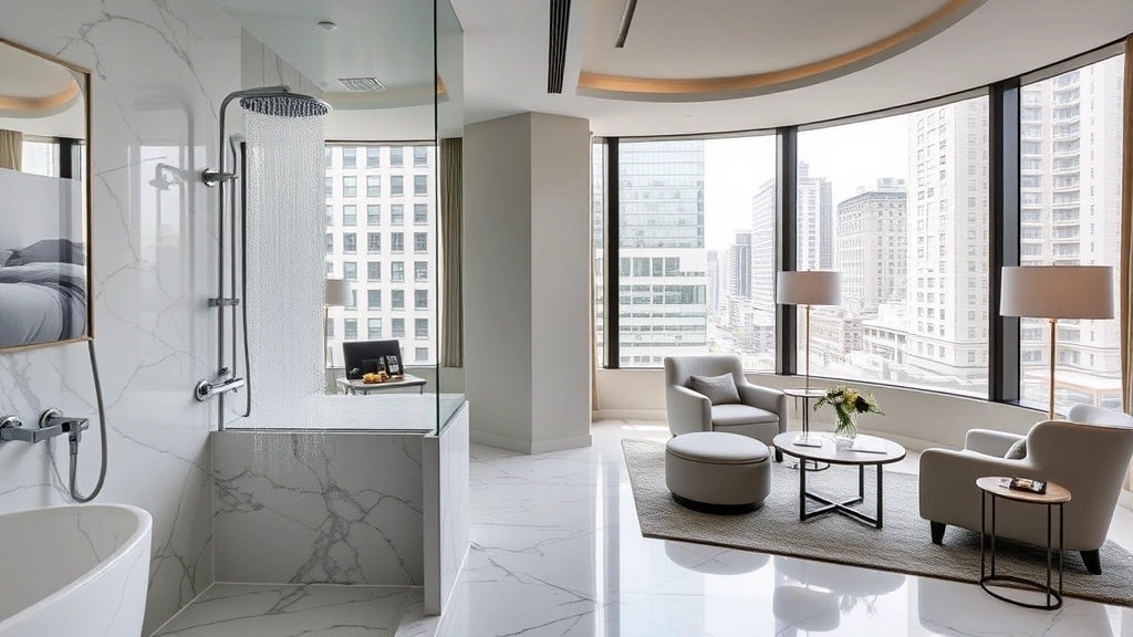 Modern luxury hotel room with marble bathroom, rainfall showerhead, neutral contemporary furnishings, large windows overlooking Manhattan street, minimalist design aesthetic
