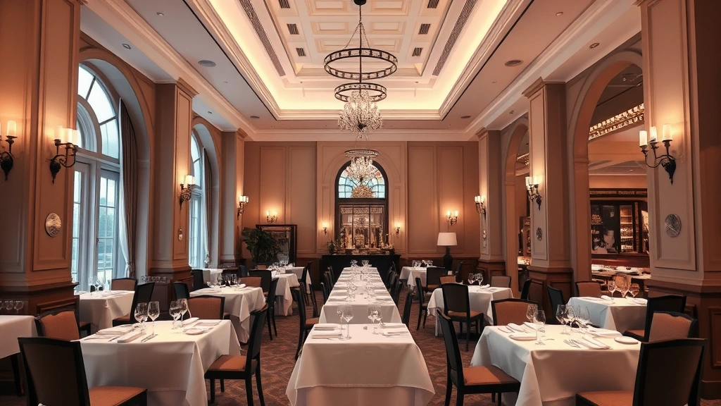 Elegant fine dining restaurant interior with high ceilings, white tablecloths, professional table settings, warm ambient lighting, sophisticated architectural details
