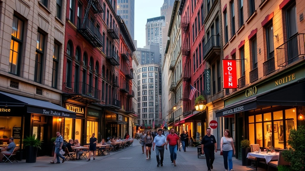 Nolita neighborhood street scene with historic buildings, independent boutiques, outdoor dining areas, vibrant urban atmosphere, pedestrians walking, evening lighting