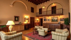 Historic Italian hotel lobby with warm lighting, comfortable seating, reception desk, and traditional Umbrian architectural details, welcoming atmosphere, no visible text or signage
