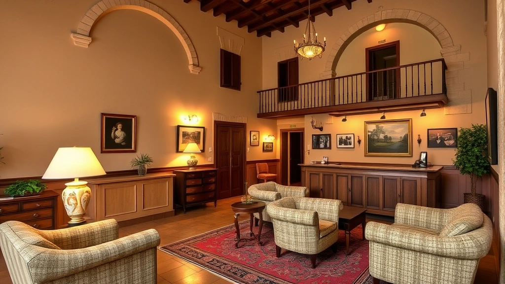 Historic Italian hotel lobby with warm lighting, comfortable seating, reception desk, and traditional Umbrian architectural details, welcoming atmosphere, no visible text or signage