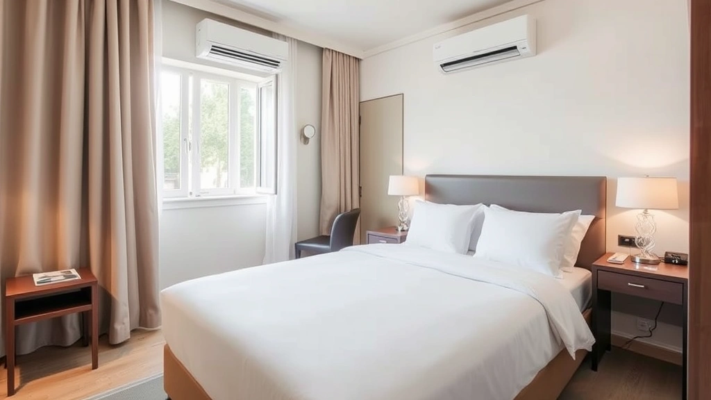 Modern clean hotel room with comfortable bed, neutral tones, small work desk, air conditioning unit, and Italian-style furnishings, bright natural light from window