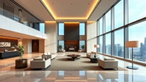 Minimalist luxury hotel lobby featuring marble floors, neutral furnishings, and soft diffused lighting creating a calming atmosphere, modern architectural style with floor-to-ceiling windows overlooking cityscape