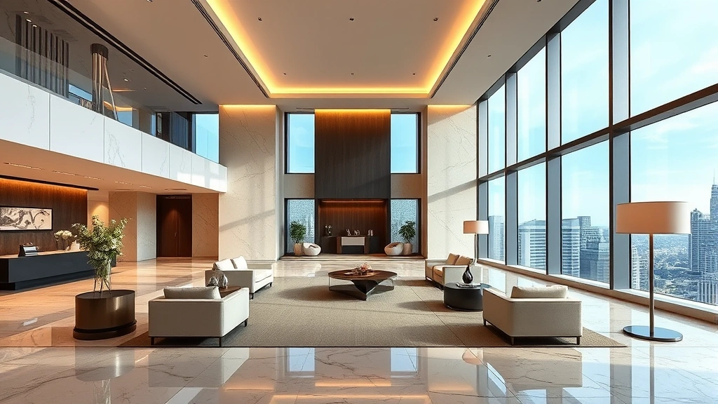 Minimalist luxury hotel lobby featuring marble floors, neutral furnishings, and soft diffused lighting creating a calming atmosphere, modern architectural style with floor-to-ceiling windows overlooking cityscape