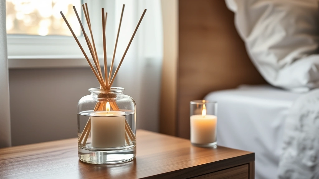 Close-up of an elegant glass reed diffuser with white reeds next to a flickering candle on a wooden nightstand in a contemporary guestroom with soft white bedding and natural light from window